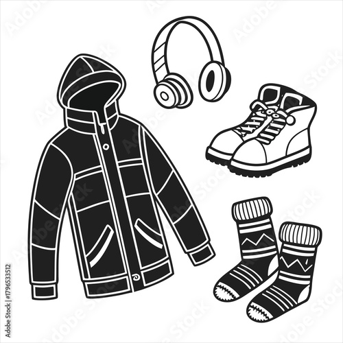 : Winter Clothing Icons with Jackets, Mittens, Snow Boots, Ear Muffs & Woolen Socks – Minimal Black Vector