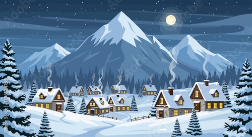 Mountain village covered in snow with smoke coming from chimneys, 2D flat Christmas vector
