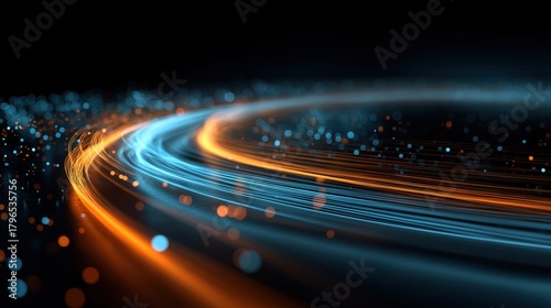 暗闇の背景を高速でカーブしながら流れるオレンジと青の光のデータストリームと粒子 | Abstract digital representation of orange and blue light streams and particles flowing quickly in a curve on a dark background.