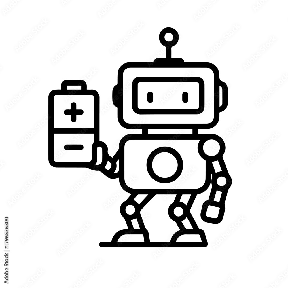 Fototapeta premium robot with battery vector line icon on a white background Vector line icon