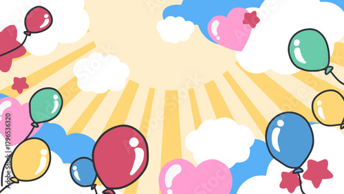 Celebration Background with Balloons, Clouds, and Sunshine. Perfect for party invitations, celebration banners, or cheerful festival designs