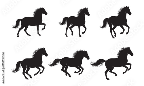 Six elegant black horse silhouettes in different poses representing motion and agility