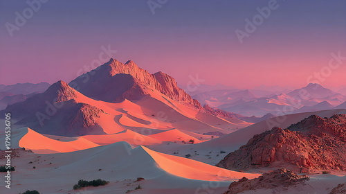Desert sand dunes shaped like sound waves under a pastel sunrise sky, minimal texture, serene illustration.