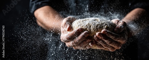 Close-up of hands holding and kneading bread dough with flour dust suspended