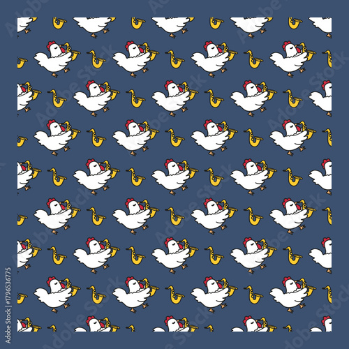 Funny Rooster Musician Playing Trumpets Pattern. Perfect for music-themed fabric, children apparel, funny wallpaper, or creative design projects combining animals and jazz-inspired fun.