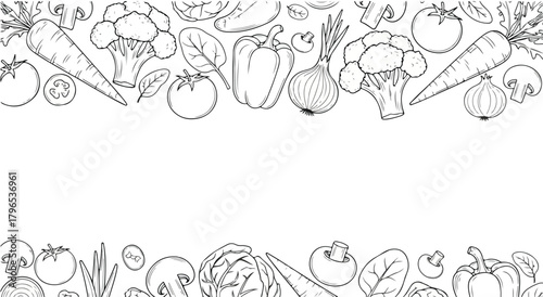 Black and white line art illustration featuring a border of various vegetables including carrots, broccoli, tomatoes, peppers, spinach, onions, and mushrooms.