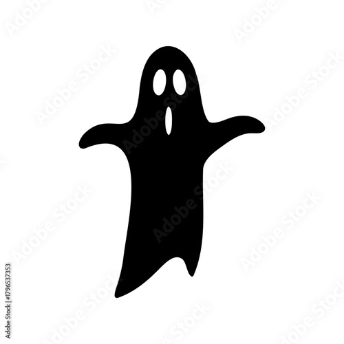 Simple black and white ghostly silhouette image with two eyes and mouth