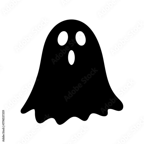 Cartoonish ghost with three distinct facial features in black and white