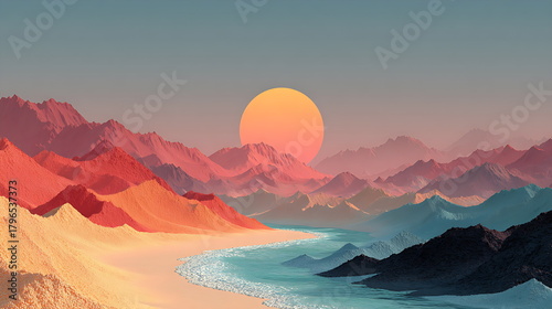 Desert sand dunes shaped like sound waves under a pastel sunrise sky, minimal texture, serene illustration.