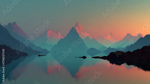 Ethereal mountain range shaped like sound waves, pastel dawn sky, reflective lakes between peaks, ambient light, artistic illustration.