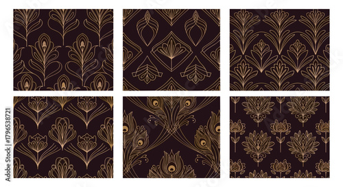 Set of 6 vector seamless patterns in organic Art Deco style, gold floral and fauna background collection
