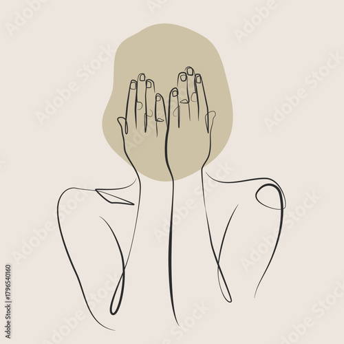 Female upper body abstract one line drawing. Female hands covering face single line illustration. Female Body minimalist line art.