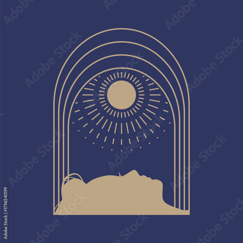 Young woman in solarium tanning booth. Cosmetic procedure for changing color of skin. Beauty spa salon procedure advertising. Sun and female face icons decorated with arch frame.