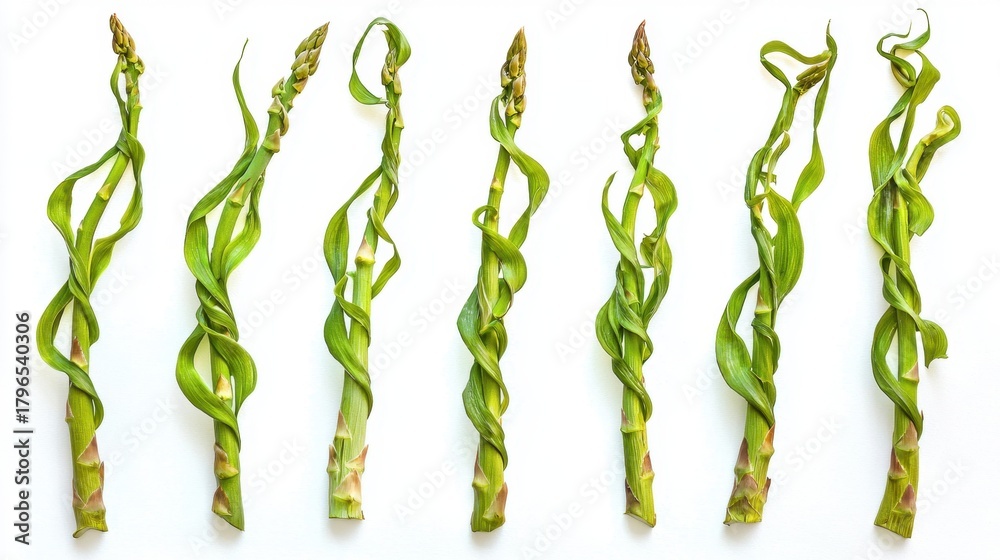 Fototapeta premium Artistic Arrangement of Twisted Green Asparagus Stalks Isolated on White Background for Culinary Concepts