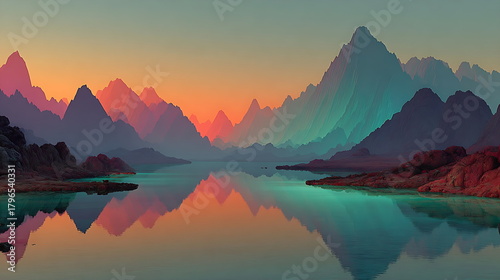Ethereal mountain range shaped like sound waves, pastel dawn sky, reflective lakes between peaks, ambient light, artistic illustration.