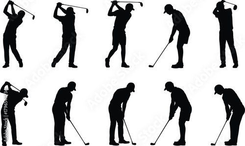 Golf silhouettes, swing poses, putting stance, player actions, black icons, vector sports, athletic motion, golf technique, abstract golfer, sports illustration