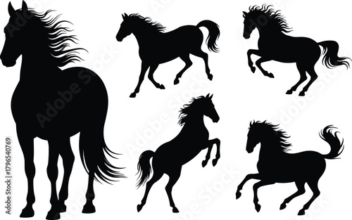 Horse silhouettes in motion, galloping, rearing, prancing, standing, black outline, equine grace, animal vector, wild, majestic, dynamic poses
