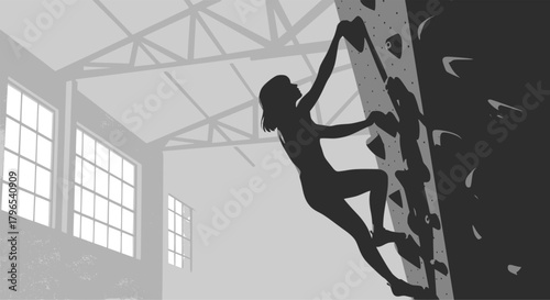 Monochrome comic-style illustration of a woman rock climbing indoors on a textured wall, symbolizing challenge and determination: Design for fitness magazine layout, gym poster. EPS version.