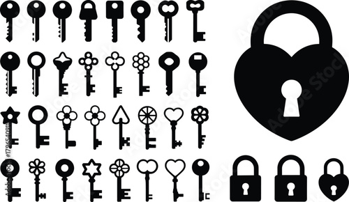 Key and lock silhouette set, security icons, black vector clipart, access graphics, privacy design elements, heart shape illustration bundle