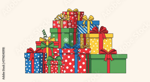 Christmas presents wrapped in colorful paper with bows, 2D flat vector