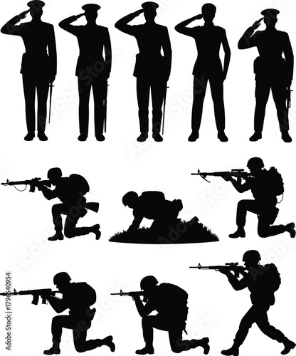 Military silhouette vector set, soldier pose icons, black combat clipart, rifle action graphics, army design elements, tactical illustration bundle