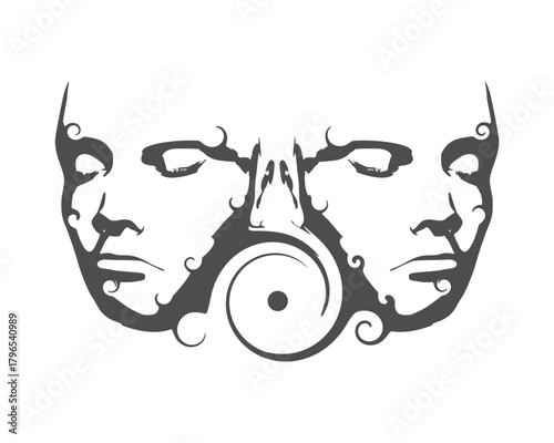 Two young women face front view. Melted with spiral and decorated by curls. Elegant silhouette of a female heads. Split personality disorder.