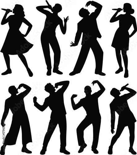 Singer silhouette vector set, microphone pose icons, black concert clipart, music performer graphics, stage action shapes, entertainment design elements