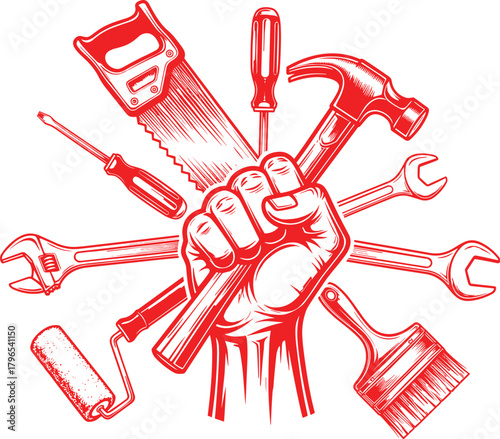 Powerful labor union graphic with raised fist and tools, symbolizing worker strength, solidarity, activism, resistance, and working-class unity in bold red style.