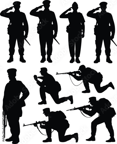 Soldier silhouette vector set, military pose icons, black combat clipart, rifle action graphics, army design elements, tactical illustration bundle