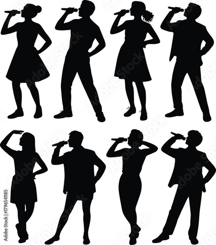 Singer silhouette vector set, microphone pose icons, black music clipart, concert performer graphics, stage action shapes, entertainment design elements