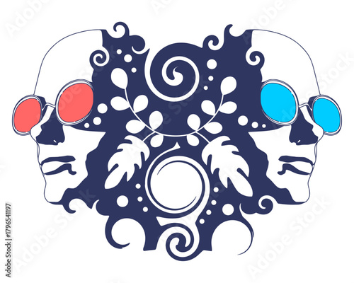 Two young women wearing sunglasses face front view. Melted with spiral and decorated by curls. Elegant silhouette of a female heads.