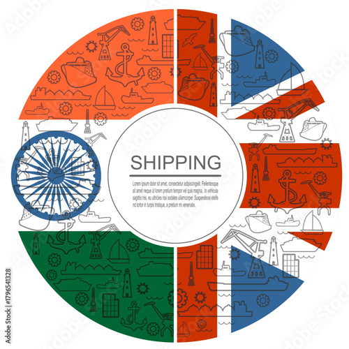 Sea port, freight vessels or ships icons. Maritime transportation between India and the United Kingdom. National flags in the center of circle frame with thin line icons.