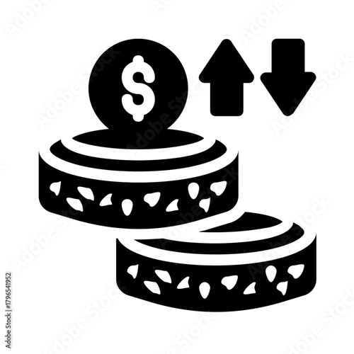 Fluctuating finances depicted with coins and arrows. Perfect for financial websites, investment articles, or economic blog posts needing visual representation.
