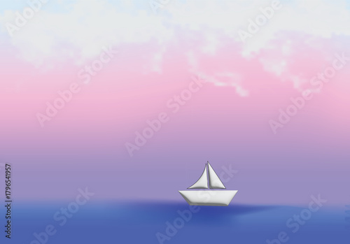 colorful sky and sea with sailboat ,pink sky background,sweetime
