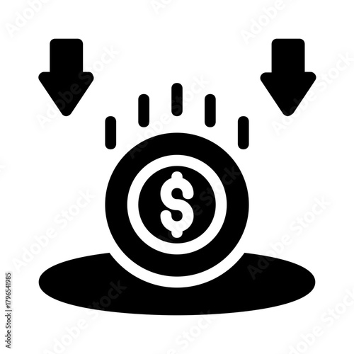 Dollar coin submerged in a pool surrounded by down arrows. Perfect for illustrating economic downturns, financial crisis, investment loss concepts.
