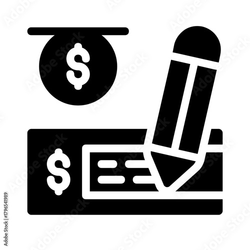 Dollar sign coin check, writing pencil. Suitable for finance, budgeting, accounting, business concepts. Financial planning essentials depicted in simple elements.
