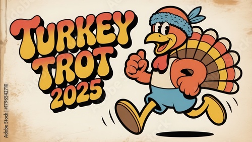 Playful Retro Cartoon Turkey Running for Turkey Trot Festival in 1970s Style