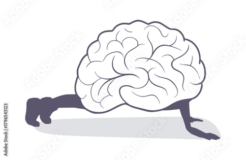Brain doing push up exercise for healthy lifestyle and wellbeing. Productivity, effectiveness. Intelligence and knowledge development with brain performance. Thoughts, and idea pumping