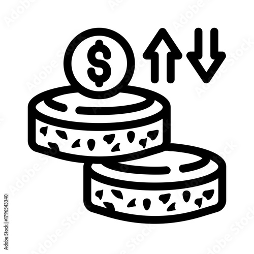 Fluctuating finances depicted with coins and arrows. Perfect for financial websites, investment articles, or economic blog posts needing visual representation.
