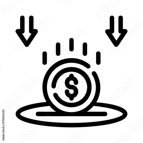 Dollar coin submerged in a pool surrounded by down arrows. Perfect for illustrating economic downturns, financial crisis, investment loss concepts.
