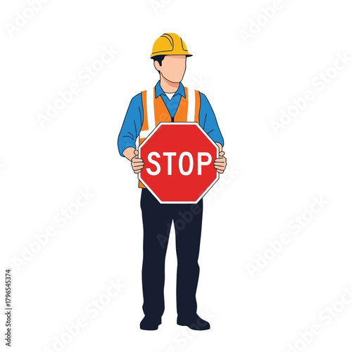 Construction Worker Holding Stop Sign Vector Illustration