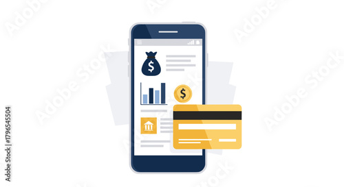 Mobile banking app interface with credit card and financial graphs  