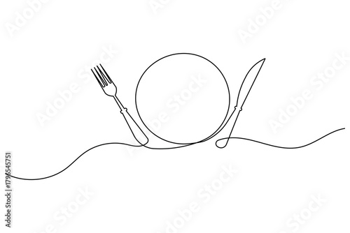 knife and fork continuous one line drawing of isolated minimalist outline vector icon