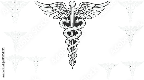 Caduceus symbol illustration, medical icon, healthcare emblem, serpent staff, wings, black and white, symmetrical design, medicine, hospital, healing