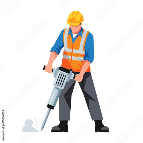 Worker with a Jackhammer Breaking the Ground in Vector Art