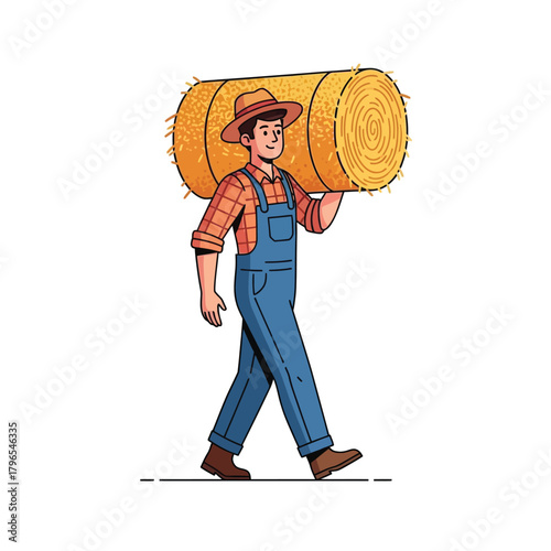 Farmer Carrying Hay Bale Rural Farm Life Illustration