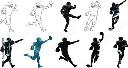 Football player evolution, sketch to stylized, running pose, throwing motion, design stages, vector icons, sports illustration, white background, graphic progression