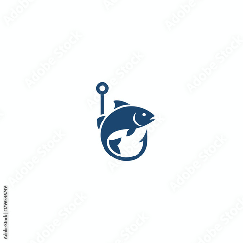 A simplified, navy-blue illustration of a fish caught by a fishing hook, on a white backdrop