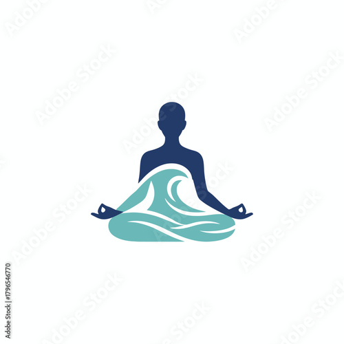 A silhouette of a person meditating with a water wave incorporated as part of the body