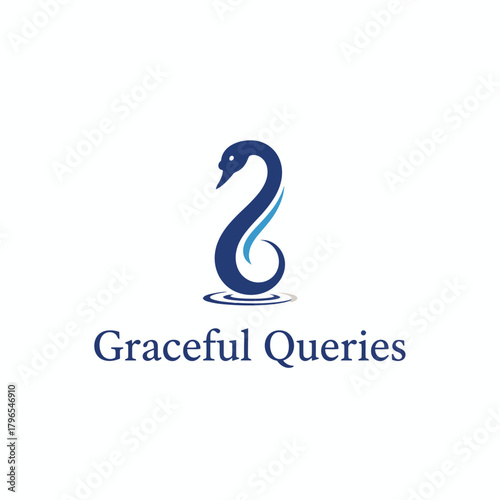 A dark blue swan in a simplified design, with light blue accents, with text below in dark blue